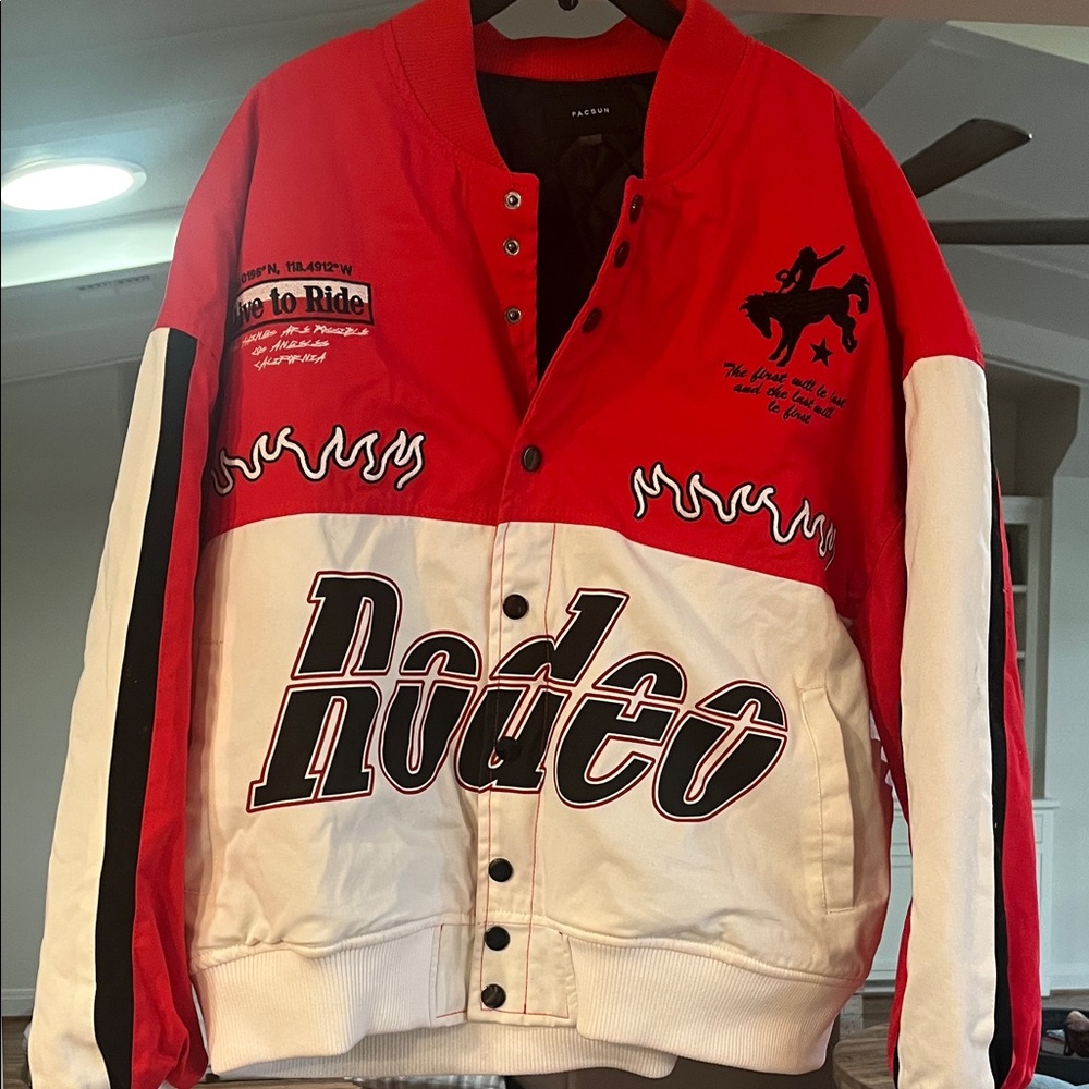PacSun Red and White Rodeo Bomber Racing Jacket